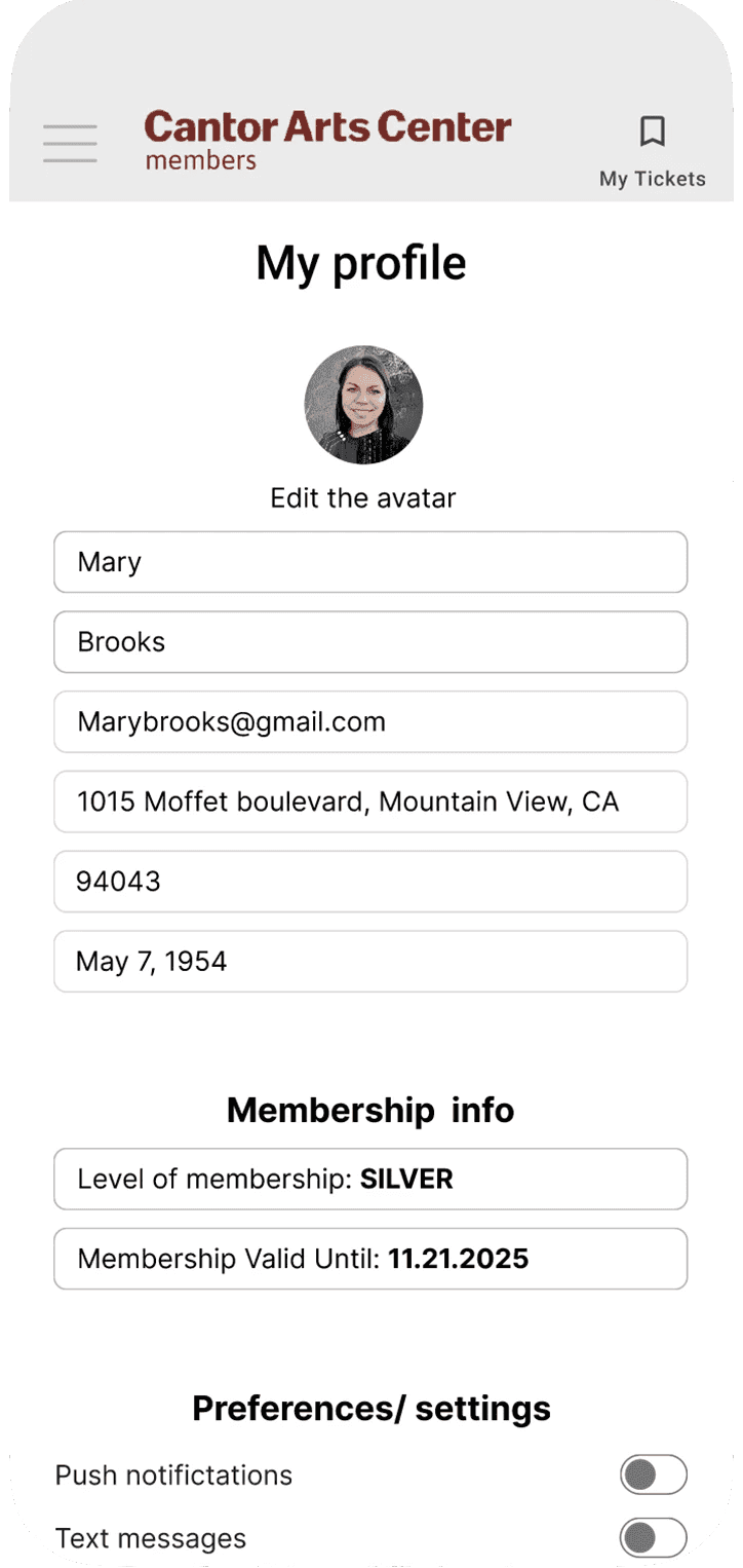 Cantor app prototype — User profile