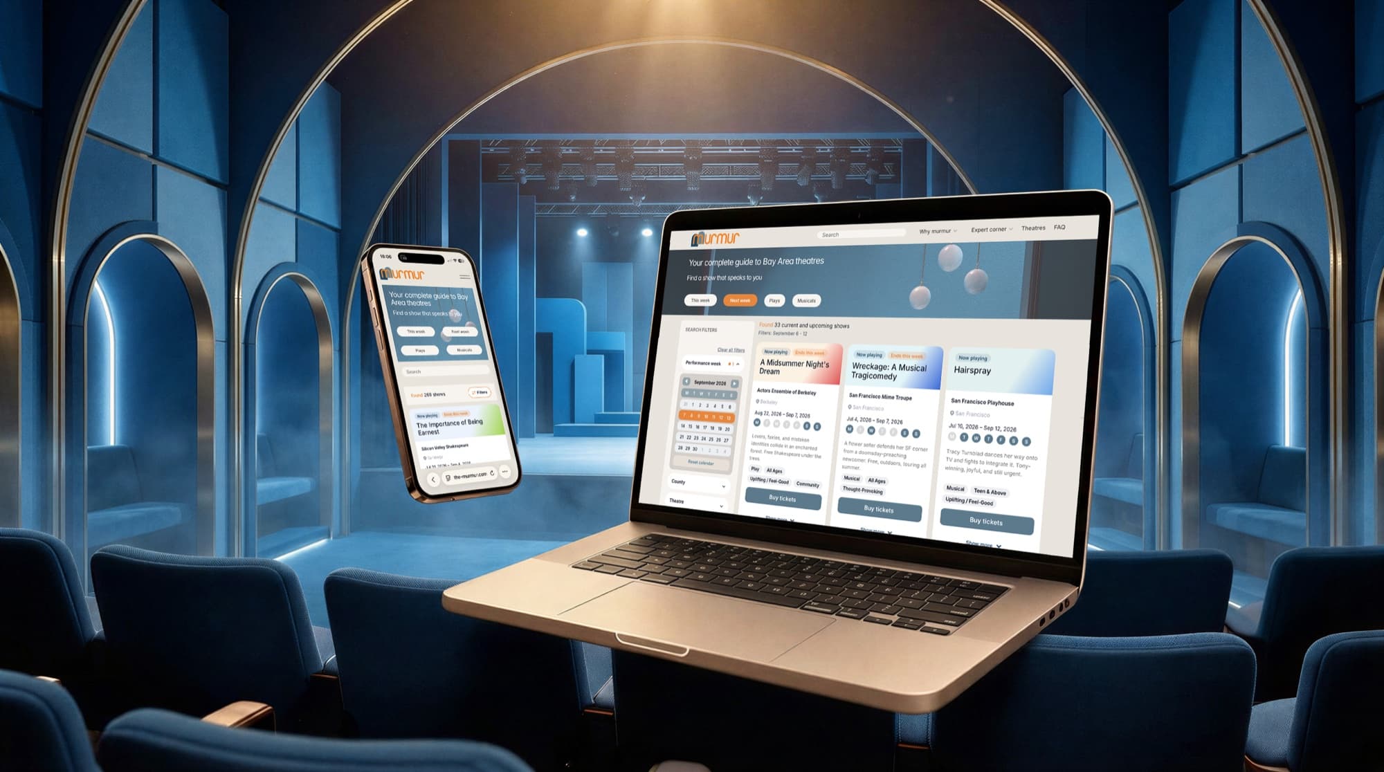 Murmur — theatre discovery platform on a laptop and phone, set in a blue theatre hall