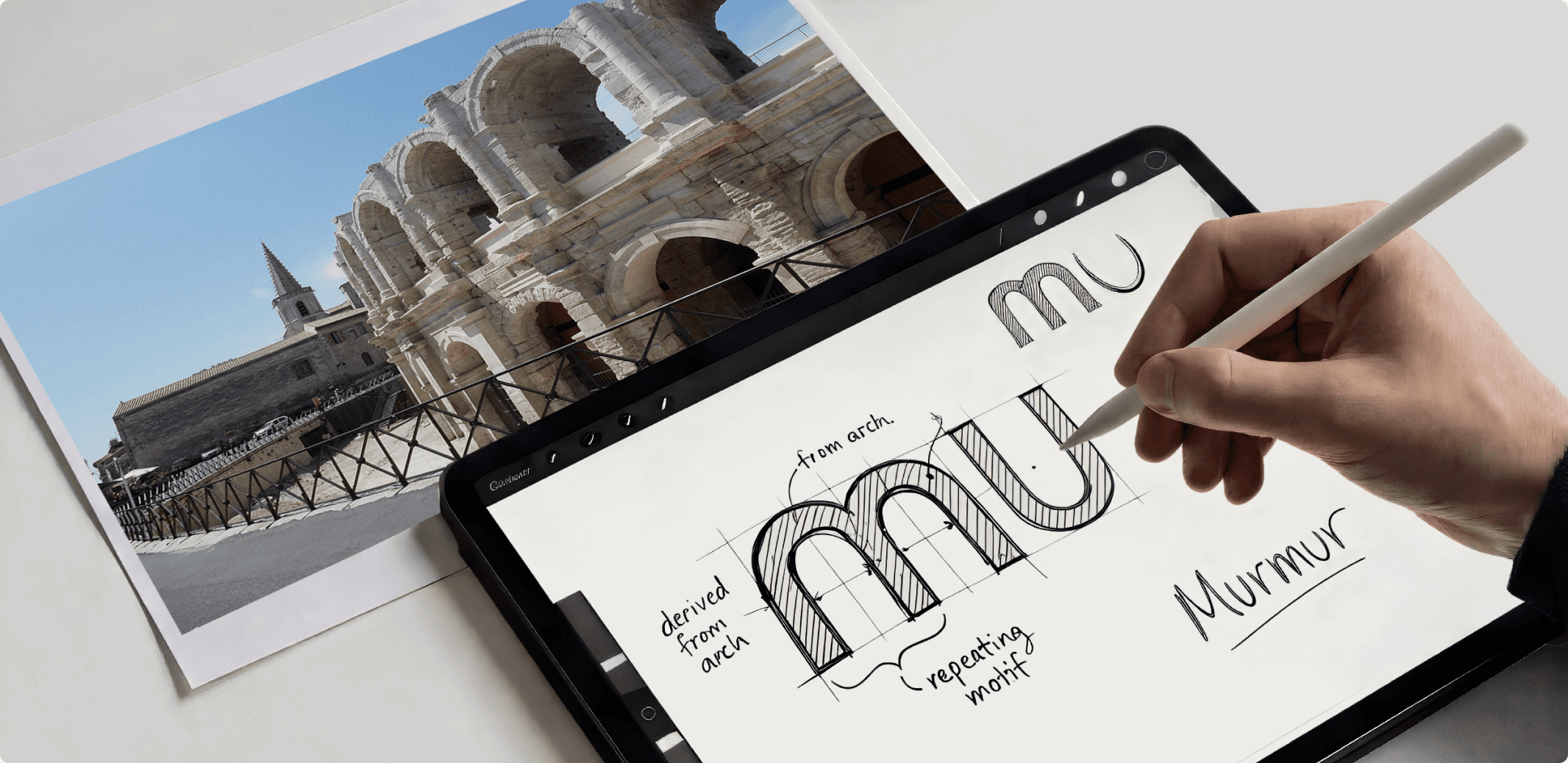 Murmur brand sketches and postcard spread