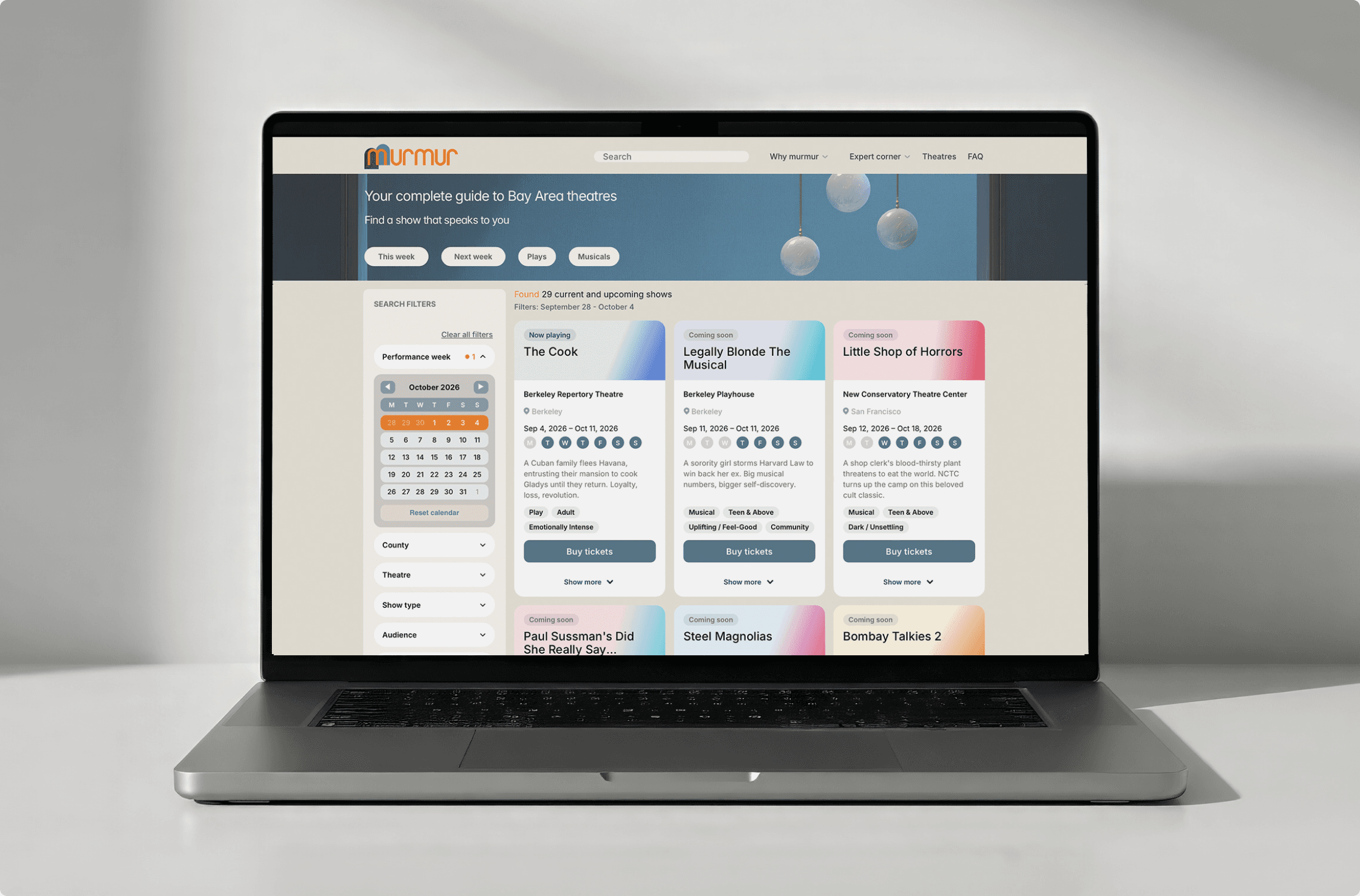 The main screen of the-murmur.com: search filters on the left, show cards with two-colour gradients on the right