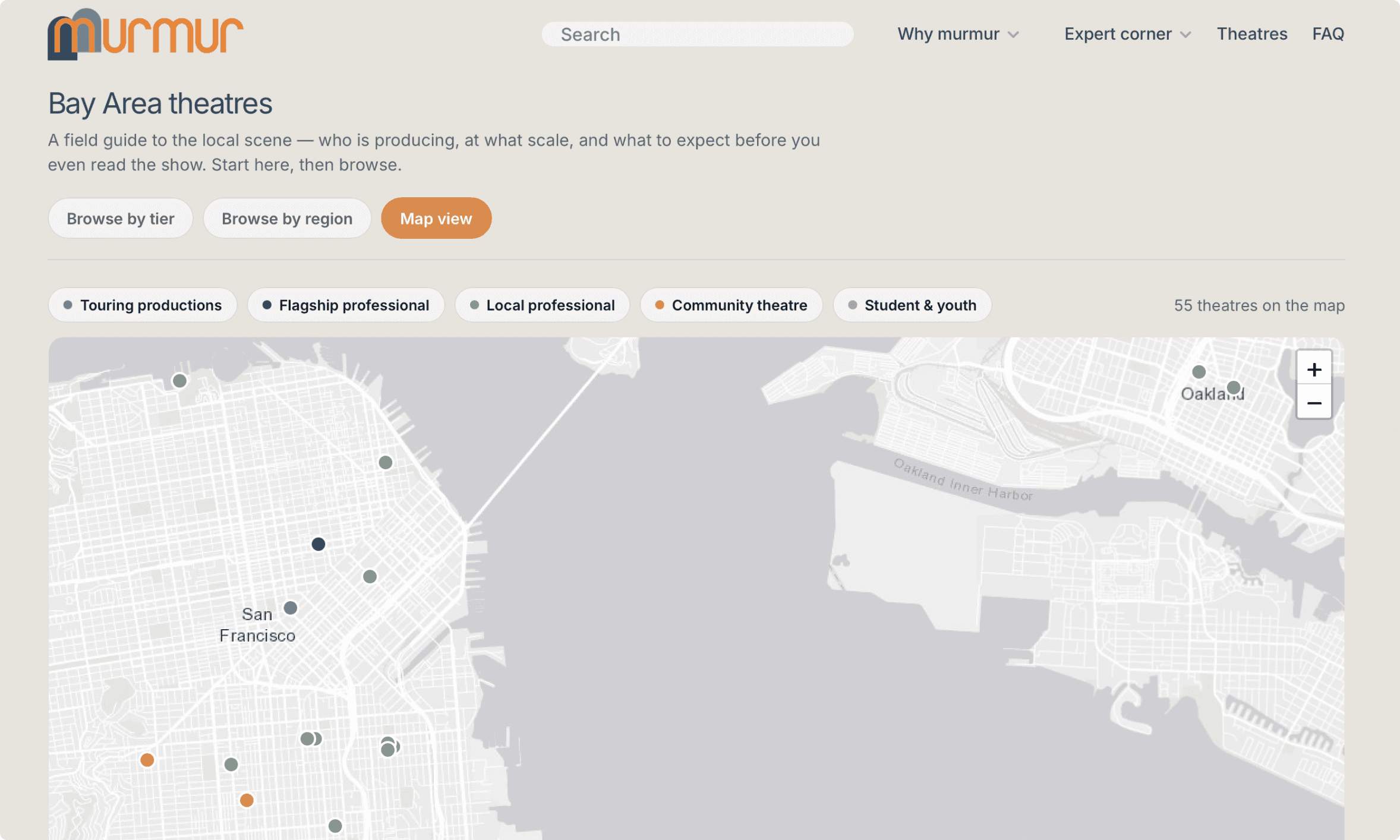 Map view of the-murmur.com showing where each Bay Area theatre is located