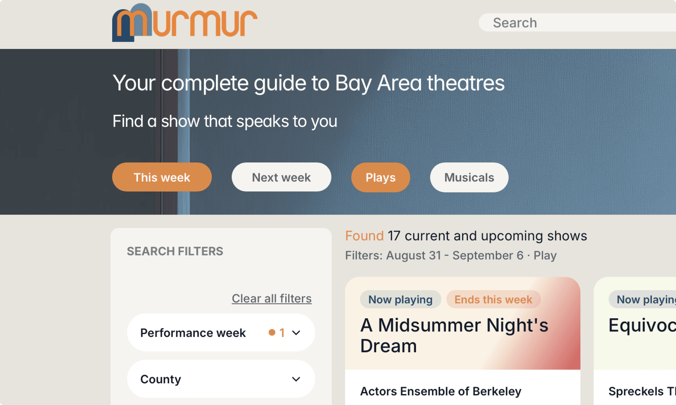 Quick filters on the-murmur.com: performance week calendar and county selection