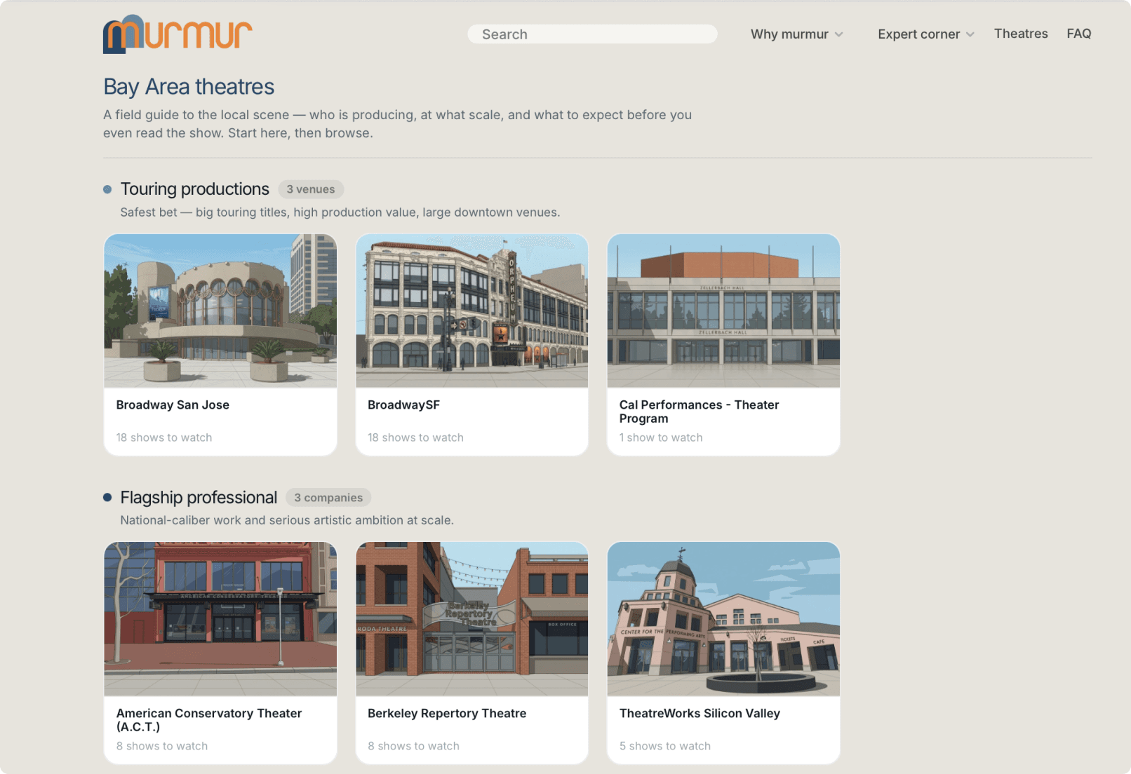 Desktop listing of the-murmur.com with gradient show cards