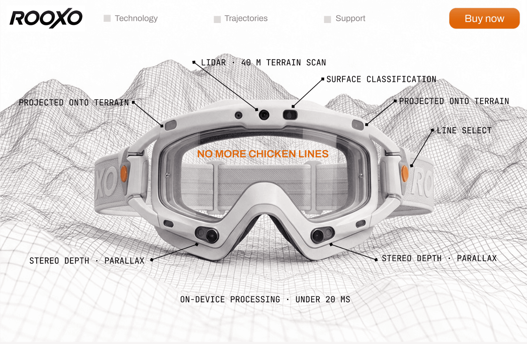 ROOXO website screen: terrain wireframe scan with the goggles front-on